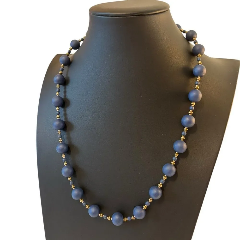 Pretty & Well Made Navy Blue and Gold Beaded Vintage Necklace.